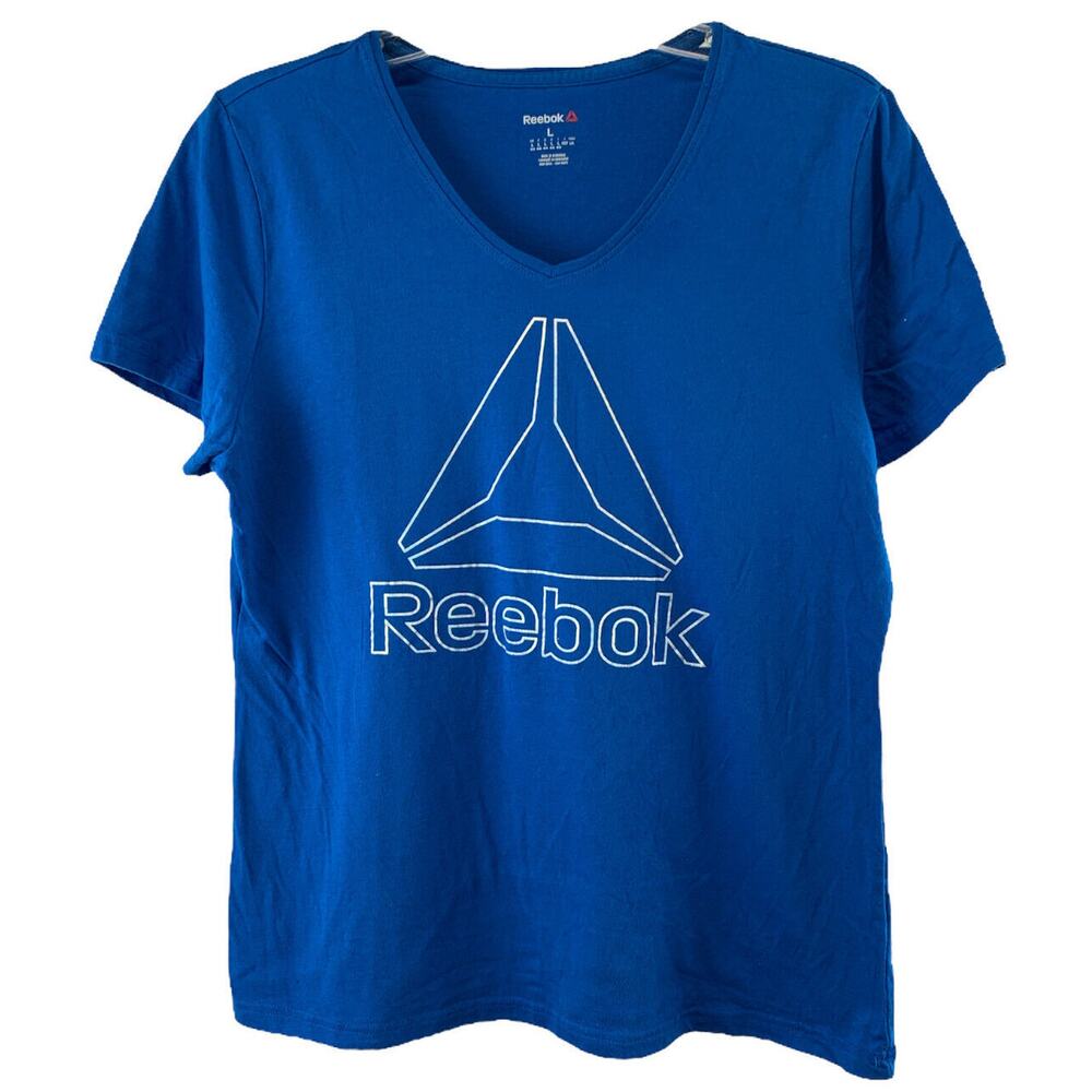 Reebok Womens T Shirt Size Large Blue Logo Activewear Tee Short Sleeve V-Neck